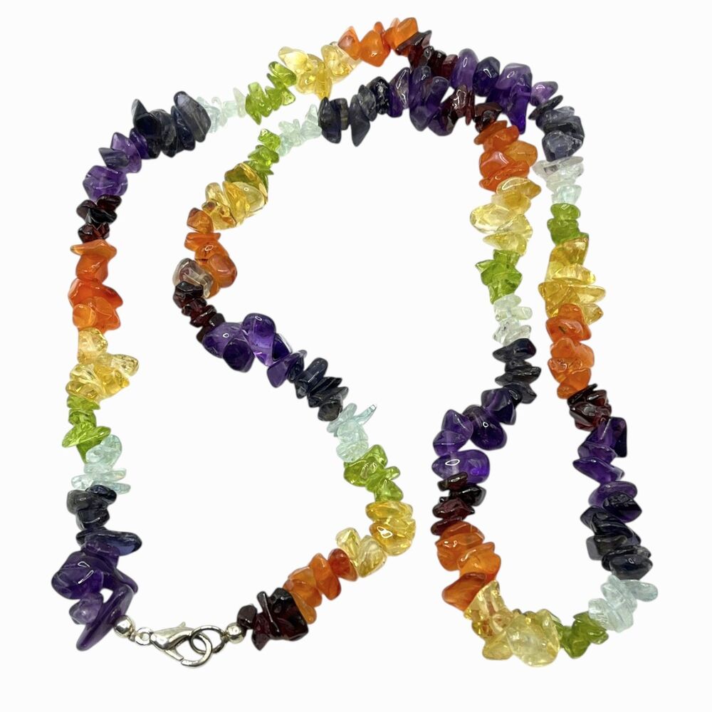Multi Gemstone Necklace Chip Bead Colorful Polished Chunky Rock Rainbow Chakra